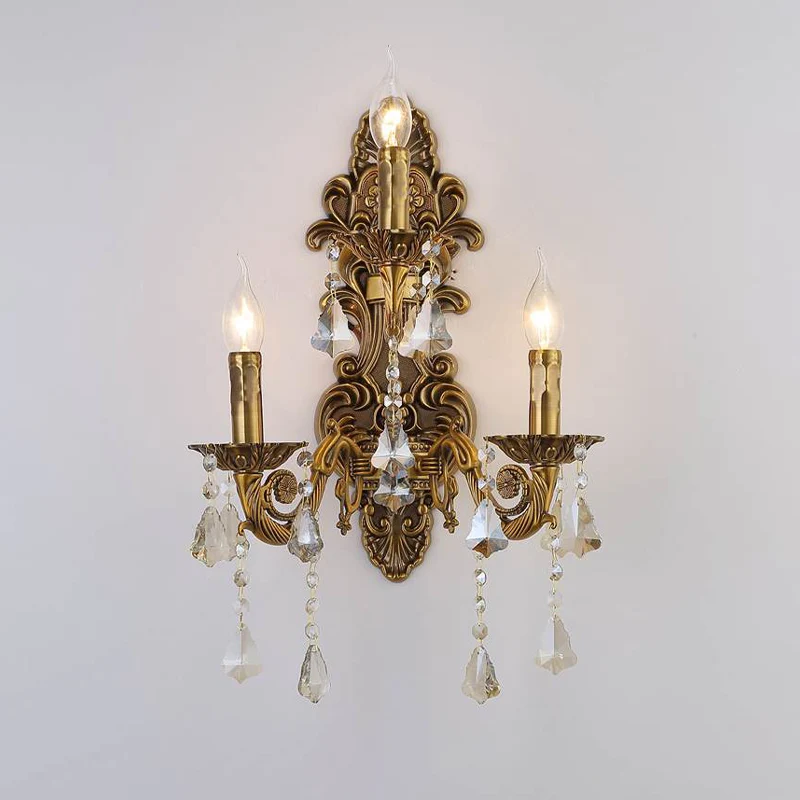 Wandleuchte mit 3 Kerzenköpfen, Vintage-Stil, Messing, Metall, mit Kristalltropfen-Akzent Clearhalo