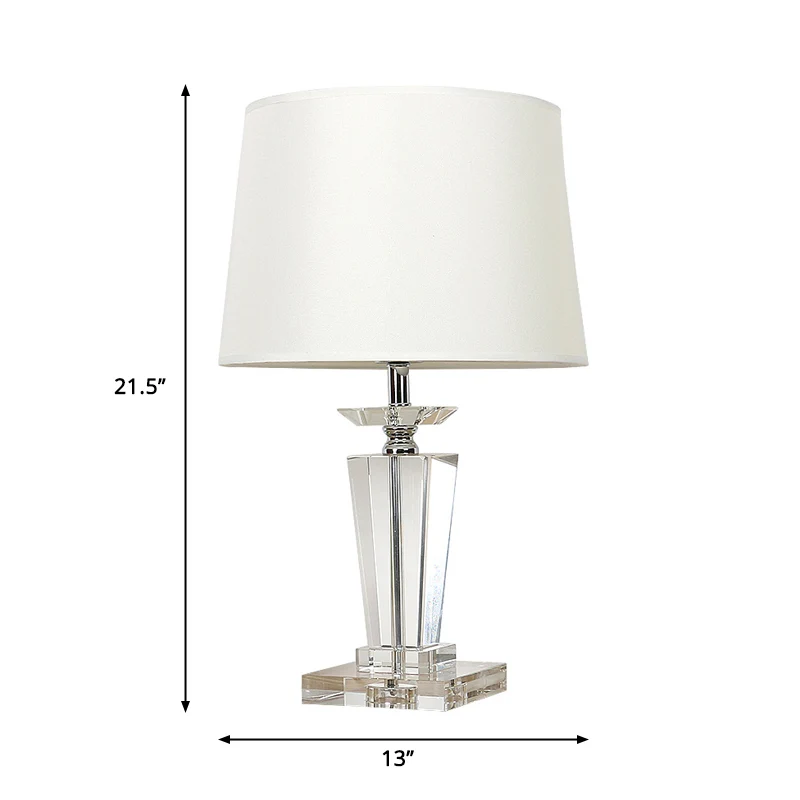 Weiße Trommel-Nachttischlampe, traditionelle, stilvolle Schlafzimmer-Tischleuchte aus Stoff mit 1 Licht und klarem Kristal...