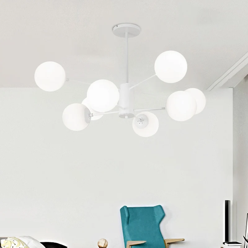 Weißer Kugel-Kronleuchter, Einfachheit, 6/8 Lichter, Milchglas-Kronleuchter, Licht für Wohnzimmer Clearhalo