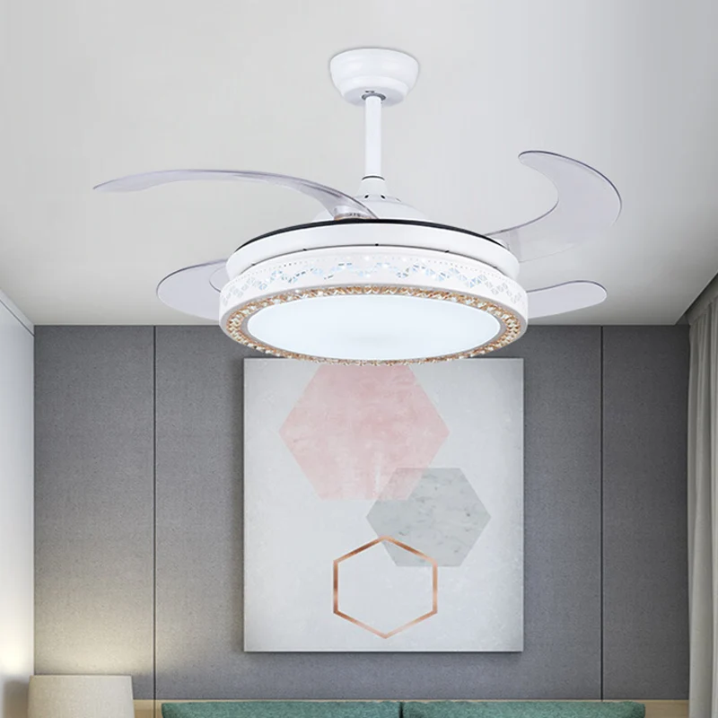 Weißer runder Hängeventilator aus Acryl, 42" W, LED-Wohnzimmer, halbbündige Montage mit 4 Flügeln, Fernbedienung/Wandsteue...