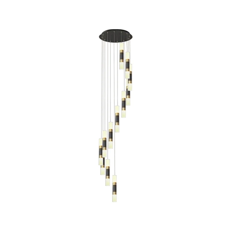 Zeitgenössische 12-Kopf-Hängeleuchte aus Metallrohr mit mehreren Anhängern und Spiraldesign Schwarz und Weiß Clearhalo