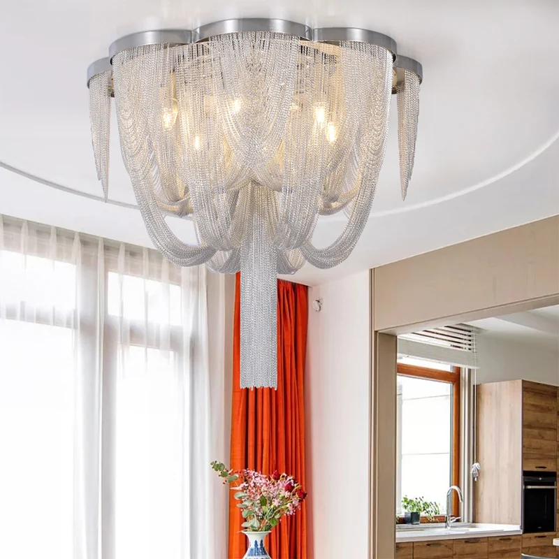 Zeitgenössische Metallketten-Deckenleuchte für Unterputzmontage, 4 Lichter, silberfarbene Wohnzimmer-Deckenleuchte Clearhalo