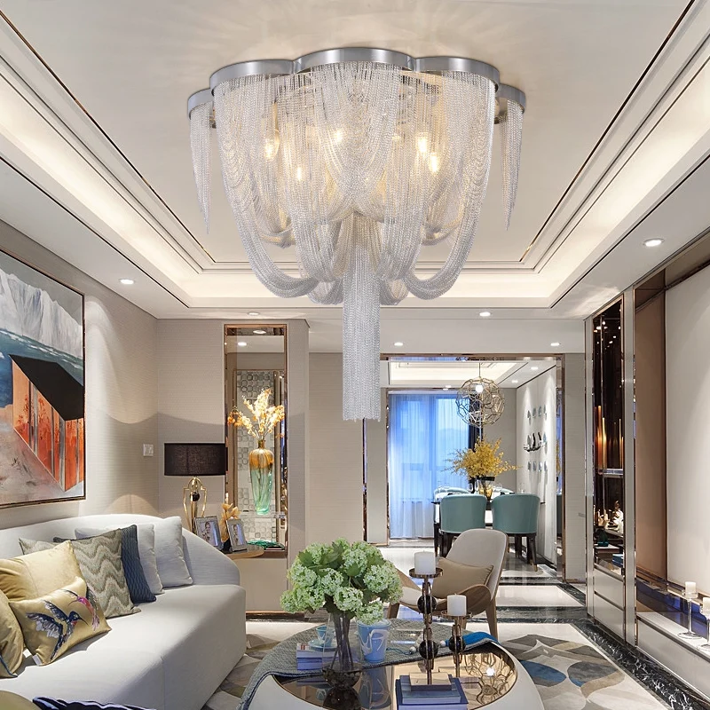 Zeitgenössische Metallketten-Deckenleuchte für Unterputzmontage, 4 Lichter, silberfarbene Wohnzimmer-Deckenleuchte Clearhalo