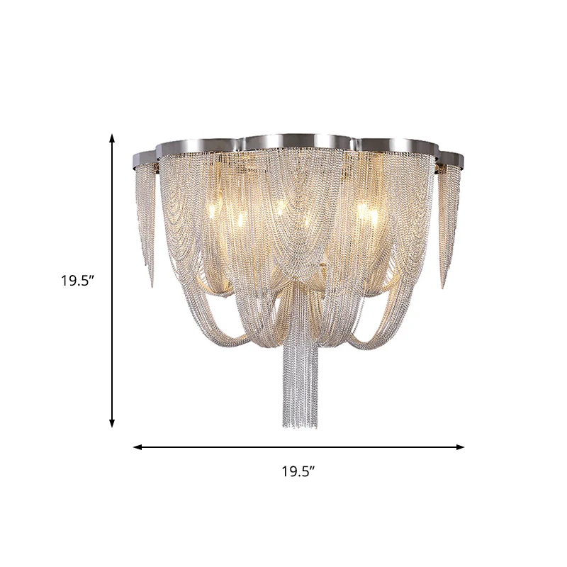 Zeitgenössische Metallketten-Deckenleuchte für Unterputzmontage, 4 Lichter, silberfarbene Wohnzimmer-Deckenleuchte Clearhalo