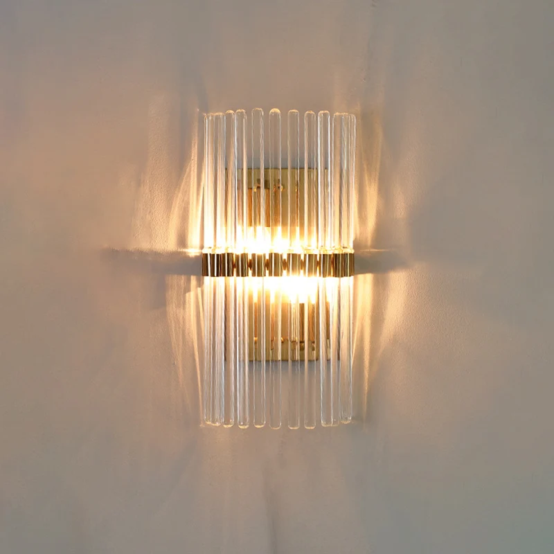 Zeitgenössische Säulen-Wandleuchte aus Kristall, 2 Köpfe, Wandleuchte für Wohnzimmer Gold Clearhalo