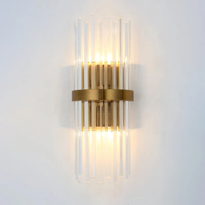 Zeitgenössische Säulen-Wandleuchte aus Kristall, 2 Köpfe, Wandleuchte für Wohnzimmer Gold Clearhalo