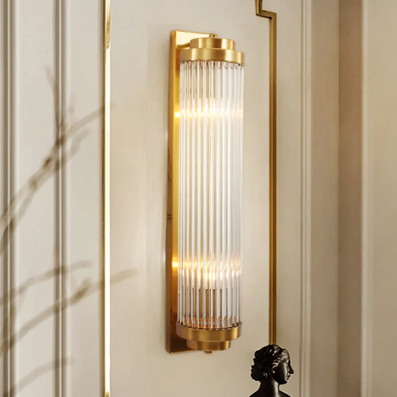 Zeitgenössische Säulen-Wandleuchte aus Kristall, 2 Köpfe, Wandleuchte für Wohnzimmer Gold Clearhalo