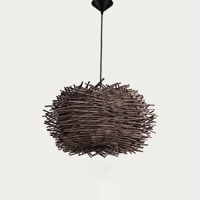 Zeitgenössische Vogelnest-Pendelleuchte aus Rattan mit einer Glühbirne, Restaurant-Hängeleuchte aus Holz Clearhalo