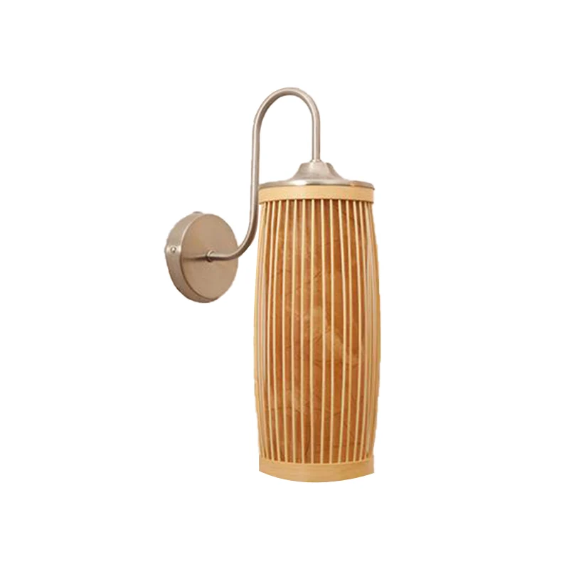 Zylinderschirm-Wandbeleuchtung, asiatischer Stil, Bambus und Metall, 1 Glühbirne, beige Wandlampe mit Schwanenhalsarm Clea...