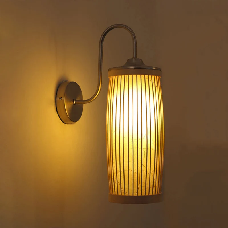 Zylinderschirm-Wandbeleuchtung, asiatischer Stil, Bambus und Metall, 1 Glühbirne, beige Wandlampe mit Schwanenhalsarm Clea...