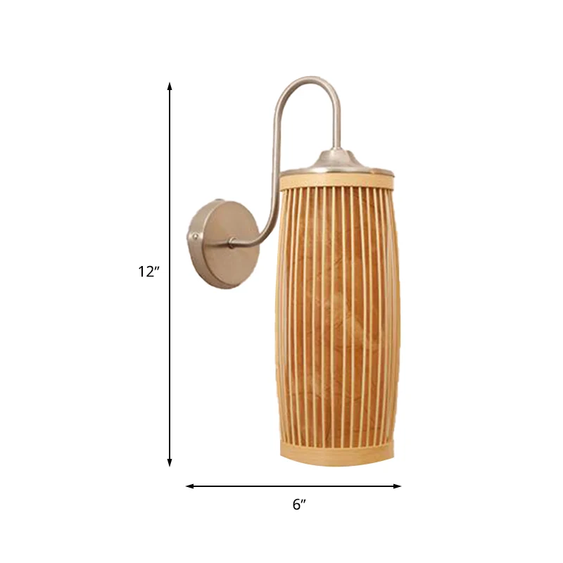 Zylinderschirm-Wandbeleuchtung, asiatischer Stil, Bambus und Metall, 1 Glühbirne, beige Wandlampe mit Schwanenhalsarm Clea...
