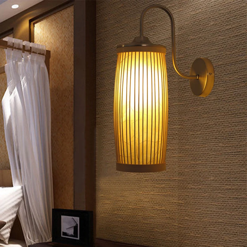 Zylinderschirm-Wandbeleuchtung, asiatischer Stil, Bambus und Metall, 1 Glühbirne, beige Wandlampe mit Schwanenhalsarm Clea...