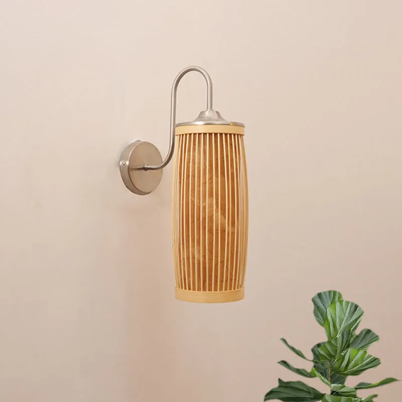 Zylinderschirm-Wandbeleuchtung, asiatischer Stil, Bambus und Metall, 1 Glühbirne, beige Wandlampe mit Schwanenhalsarm Clea...