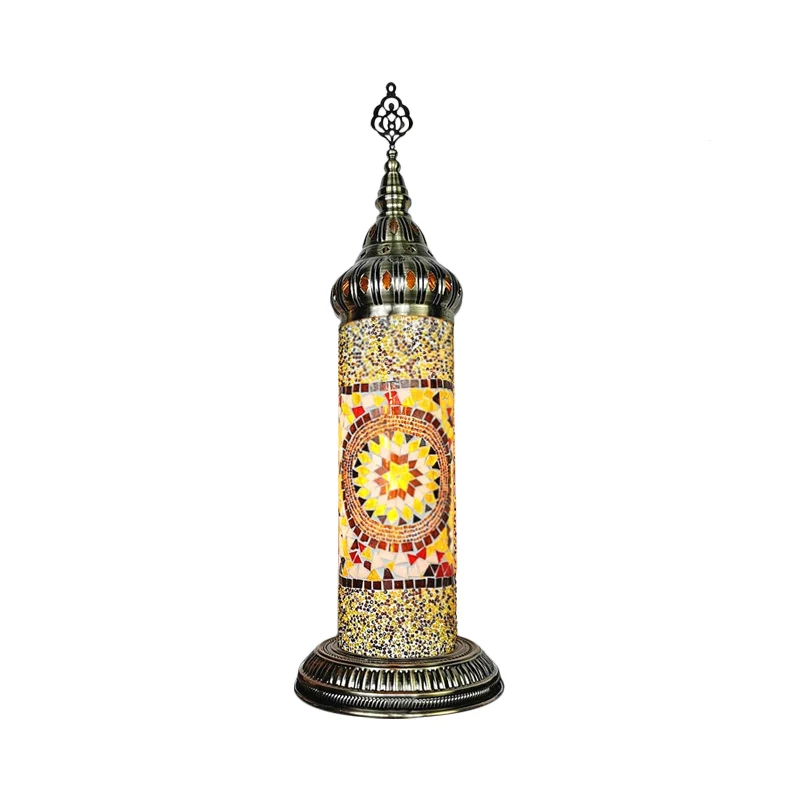 Zylinder-Schlafzimmer-Tischlampe, traditionelles Buntglas-LED-Nachtlicht Gelb/Blau/Grün Clearhalo