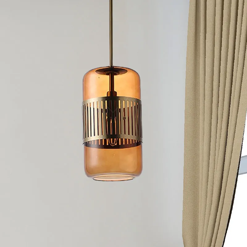 Zylindrische Kücheninsel-Hängelampe, bernsteinfarbenes/grünes Glas, 1 Kopf, minimalistische Deckenleuchte Clearhalo