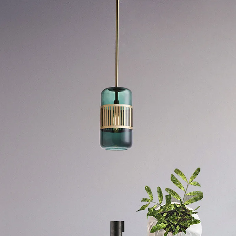 Zylindrische Kücheninsel-Hängelampe, bernsteinfarbenes/grünes Glas, 1 Kopf, minimalistische Deckenleuchte Clearhalo