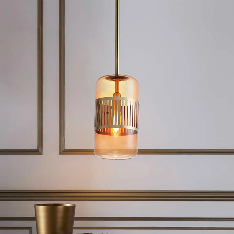 Zylindrische Kücheninsel-Hängelampe, bernsteinfarbenes/grünes Glas, 1 Kopf, minimalistische Deckenleuchte Clearhalo