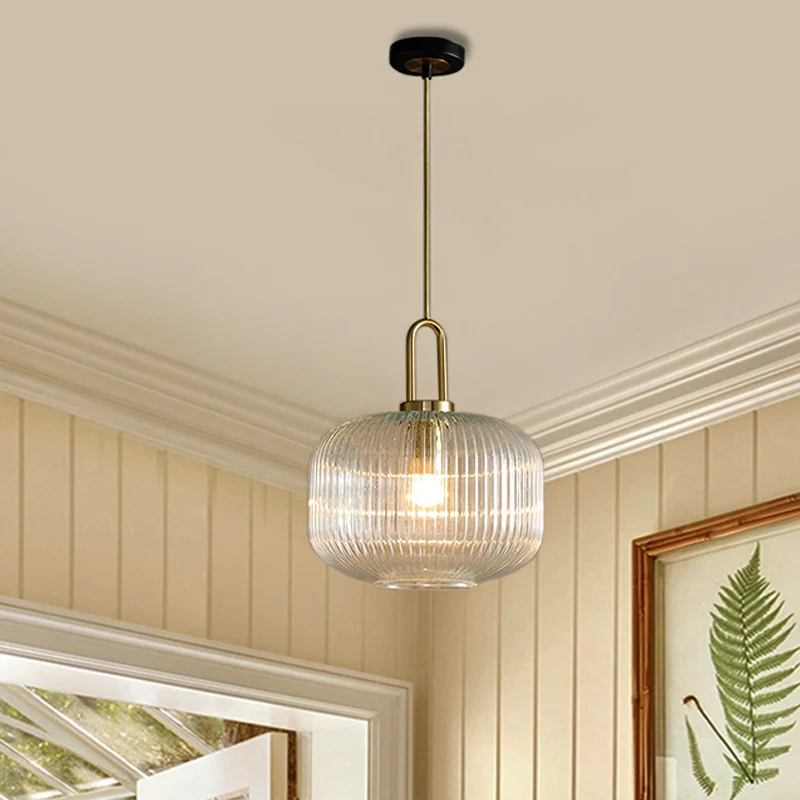 Zylindrische/Trommel/Kugel-Hängeleuchte aus klarem, geripptem Glas, modernistisch, 1 Licht, 6"/8"/12" breit, goldfarbene H...