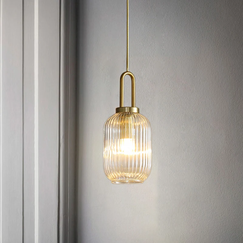 Zylindrische/Trommel/Kugel-Hängeleuchte aus klarem, geripptem Glas, modernistisch, 1 Licht, 6"/8"/12" breit, goldfarbene H...