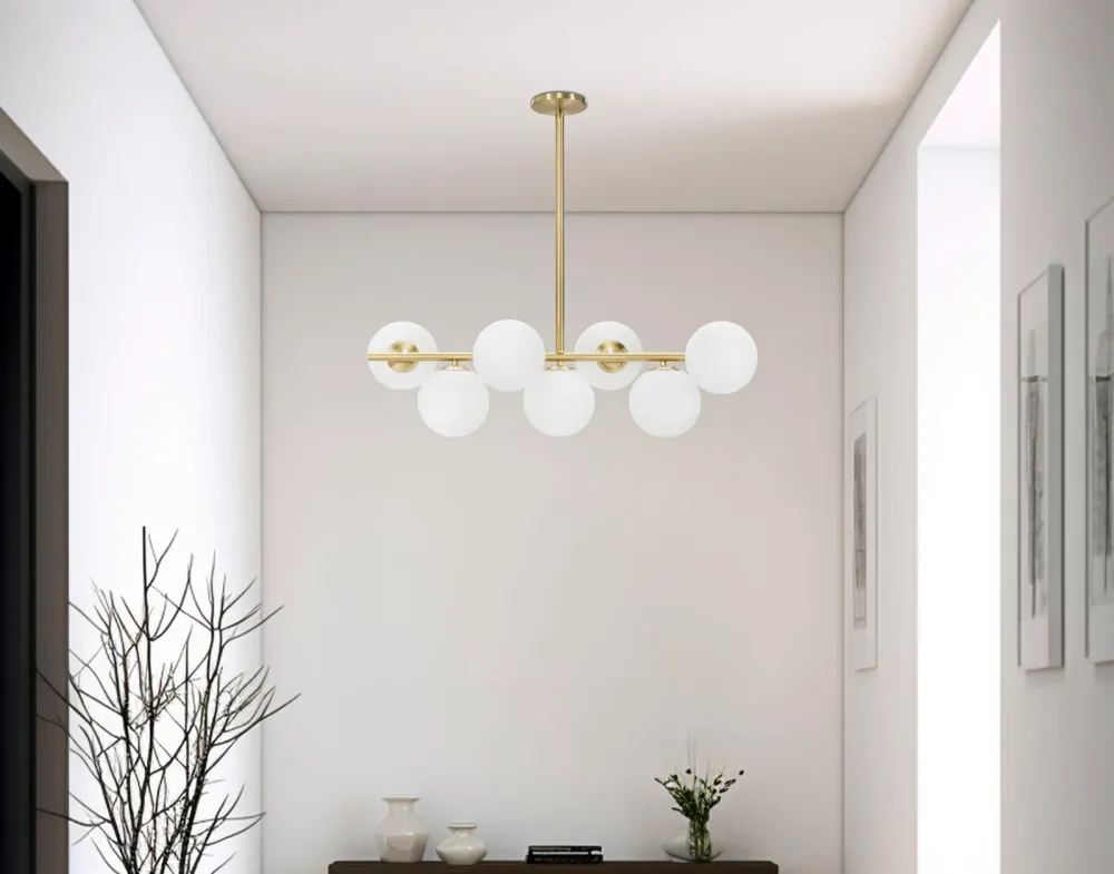 Glamy Deckenlampe 7-flammig 81x74 cm – Moderne Hängeleuchte Gold mit Glas-Kugeln