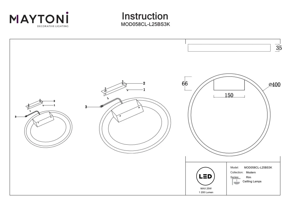 Maytoni Rim 1L Deckenleuchte, Messing, LED, Durchmesser 40 cm