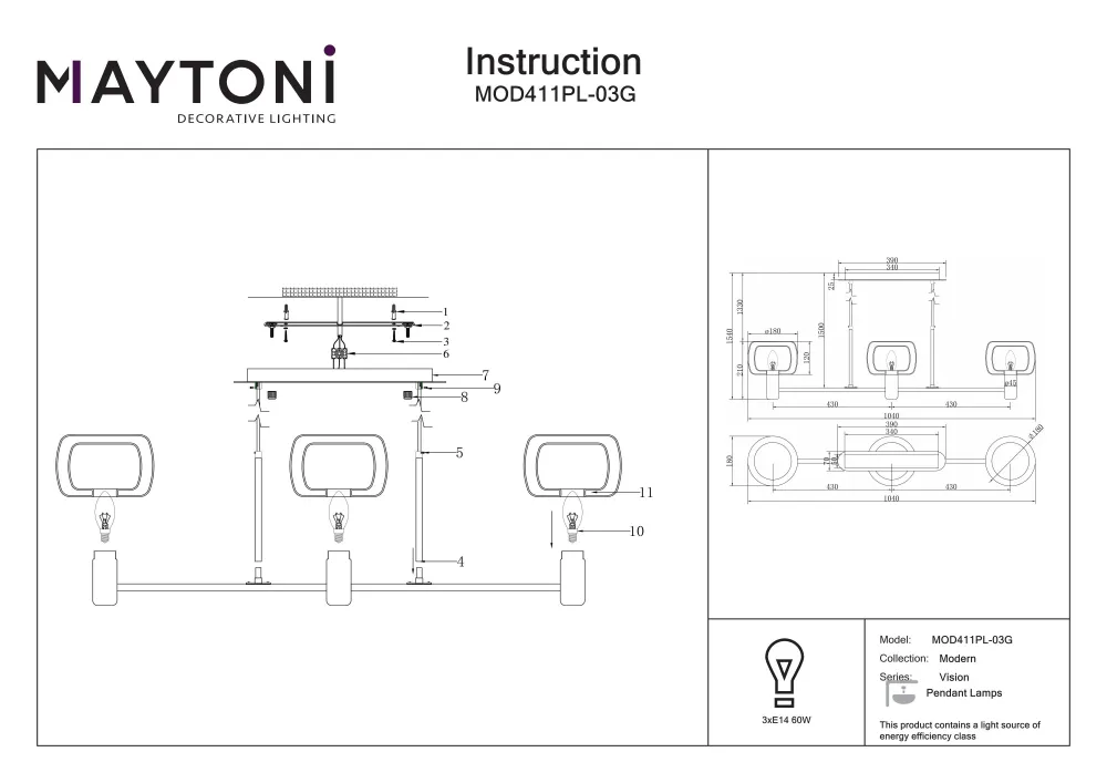 Maytoni Vision 3L lineare Pendelleuchte, gold E14 H 154cm