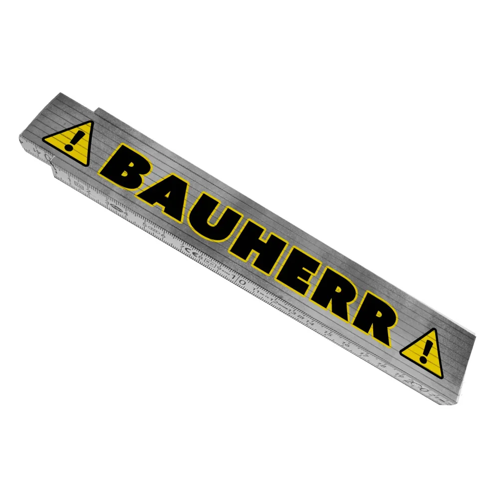 Bauherr mit Warnsymbol Meterstab aus Holz für Handwerker