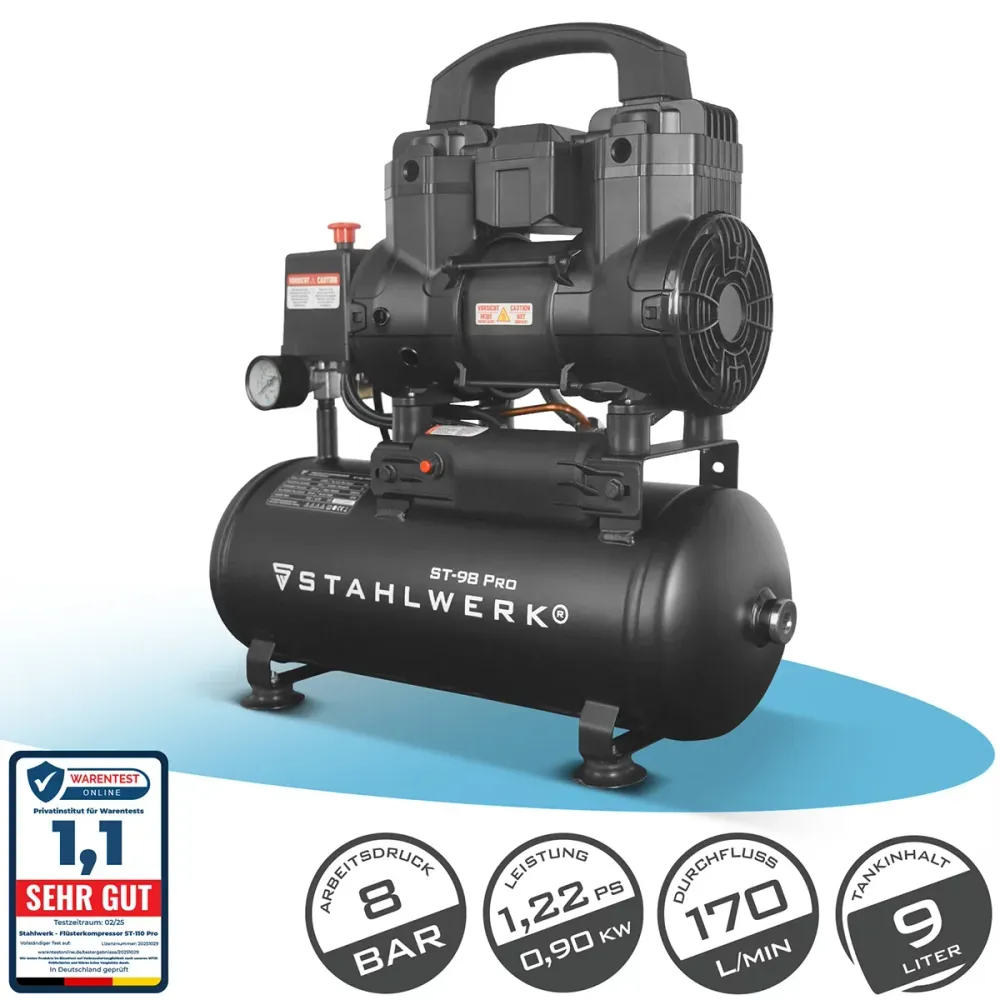 STAHLWERK Kompressor ST-98 Pro mit 8 bar | 1,22 PS | 0,90 kW | 170 l/min | 9 L Tank ölfreier Druckluft-Kompressor | Kolben...