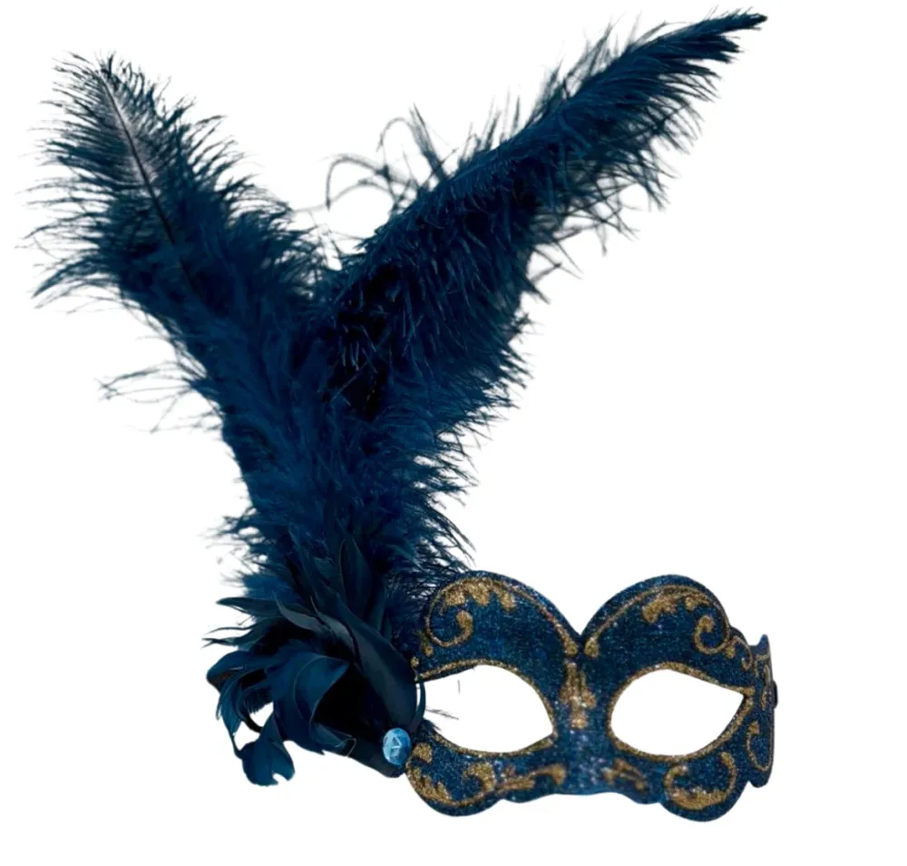 Blaue Feder Venezianische Maske – Glitzer-Maskerade-Maske