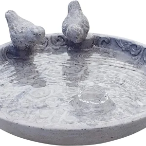 Dio Vogeltränke für den Garten, Vogelbad mit 2 Deko-Vögel für Wildvögel, Naturprodukt mit Rosenornamenten (Ø 30 cm)