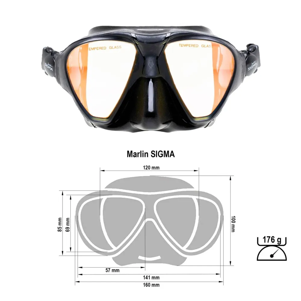 Spearfishing-Maske Sigma Schwarz mit gelb-verspiegelten Gläsern Marlin 213638