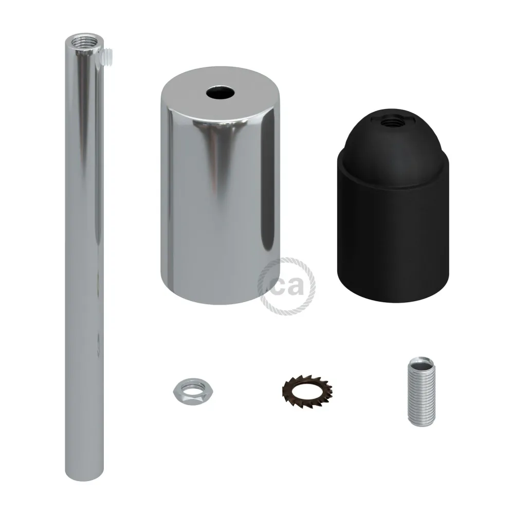 Zylindrisches E27-Fassungsset aus Metall mit 15 cm Zugentlastung – Chrom