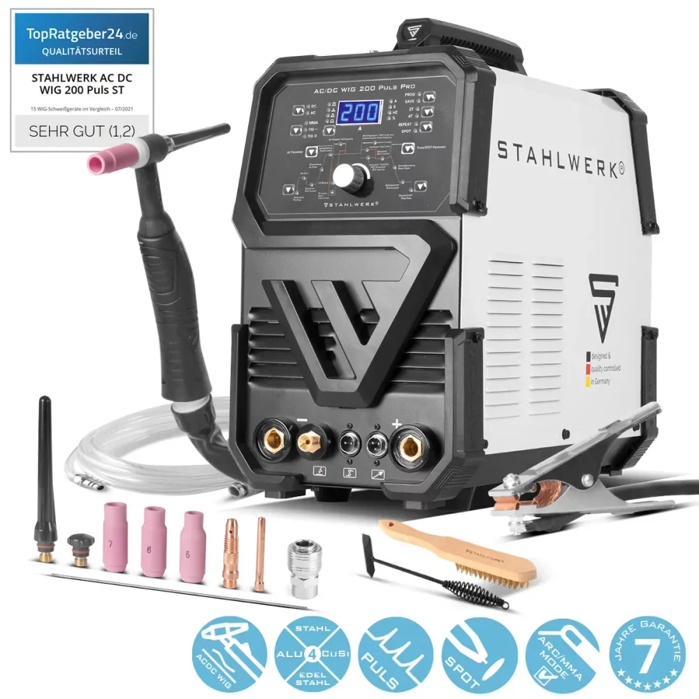 STAHLWERK AC/DC WIG 200 Puls Pro - Digitales Schweißgerät | Inverter mit 200 Ampere, ARC/MMA Funktion, Job-Speicher und IG...