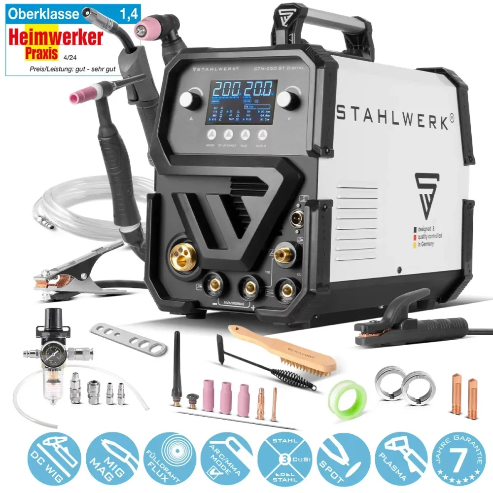 STAHLWERK Kombi-Schweißgerät CTM-250 ST Digital 5--1 Schutzgas-Schweißgerät | Inverter mit 200 , synergischem Drahtvorschu...