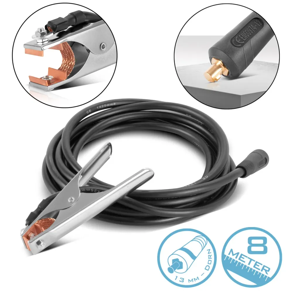 STAHLWERK Massezange bis 300 Masseklemme | Erdungsklemme inklusive 8 m Schweißkabel | Massekabel mit 25 mm² und 13 mm Stecker