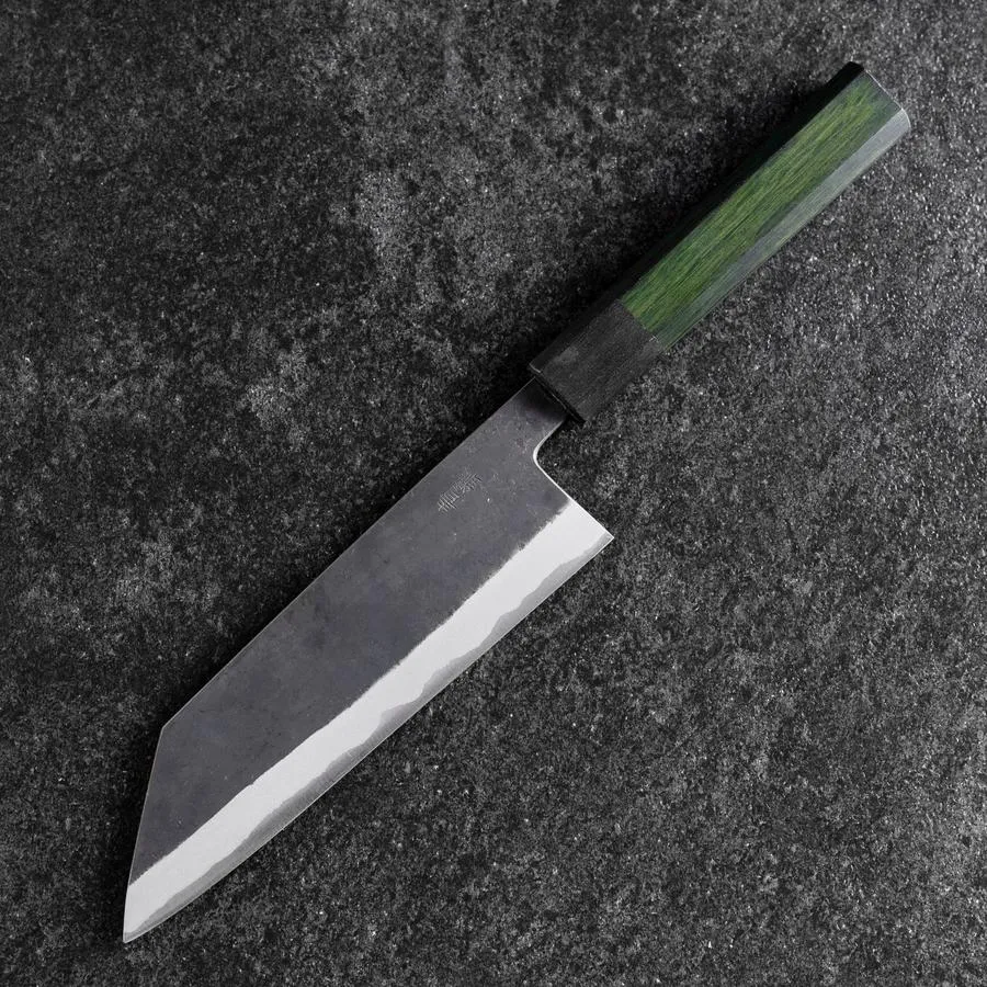 Bunka Edelstahlummantelung Blue Steel #2 Kurouchi Grüner Urushi Griff 170mm