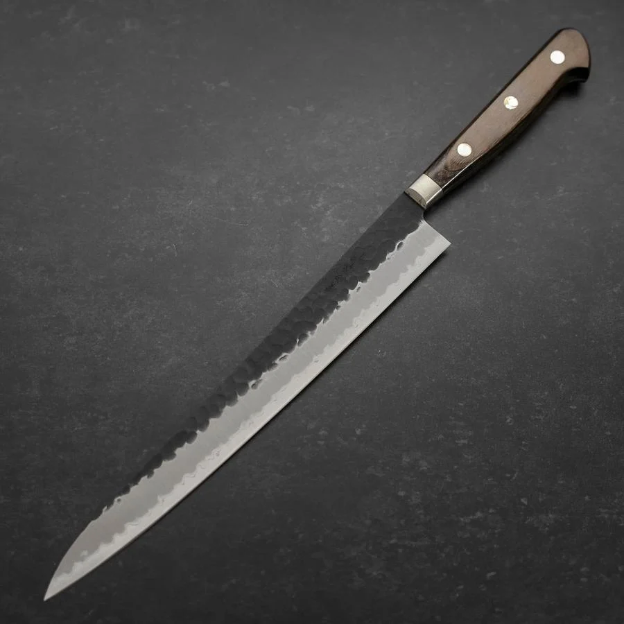 Sujihiki Edelstahlummantelung Blue Super Kurouchi Tsuchime Brauner Westlicher Griff 240mm