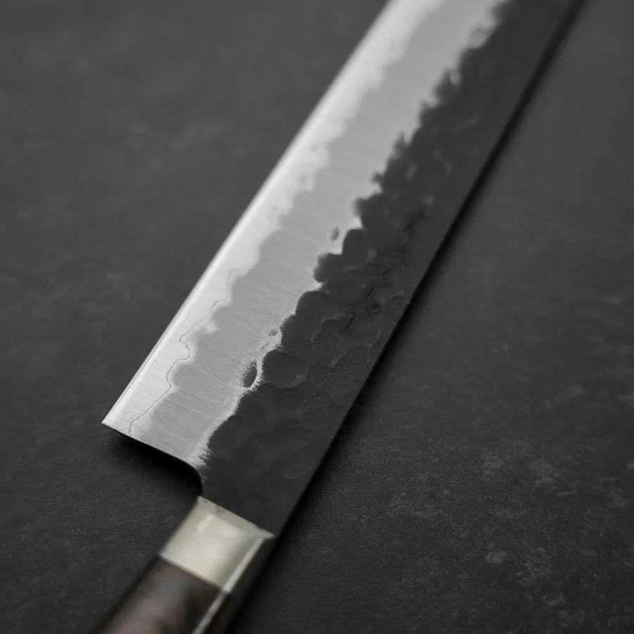 Sujihiki Edelstahlummantelung Blue Super Kurouchi Tsuchime Brauner Westlicher Griff 240mm