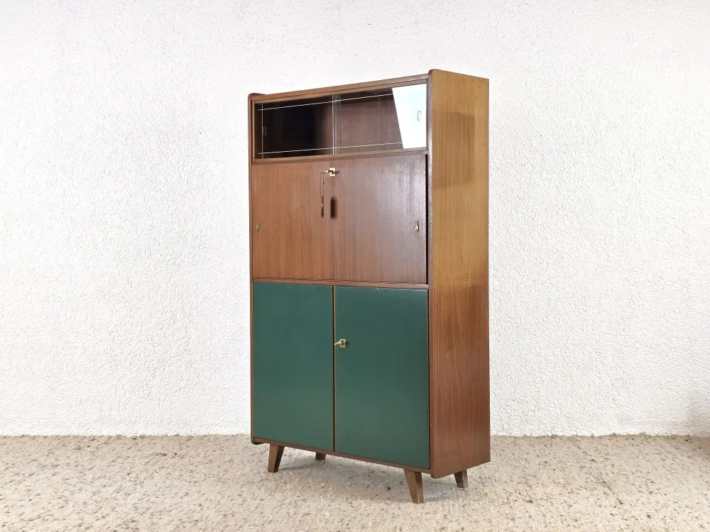 VINTAGE SCHRANK nuss holz vitrine sekretär kommode regal mid century grün