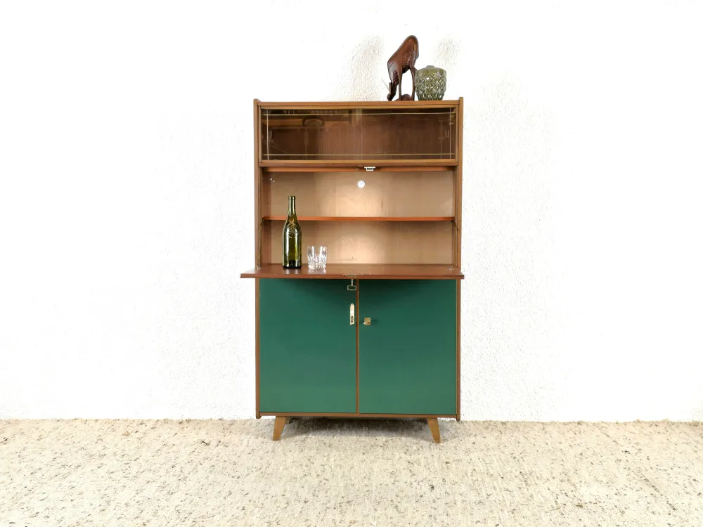 VINTAGE SCHRANK nuss holz vitrine sekretär kommode regal mid century grün