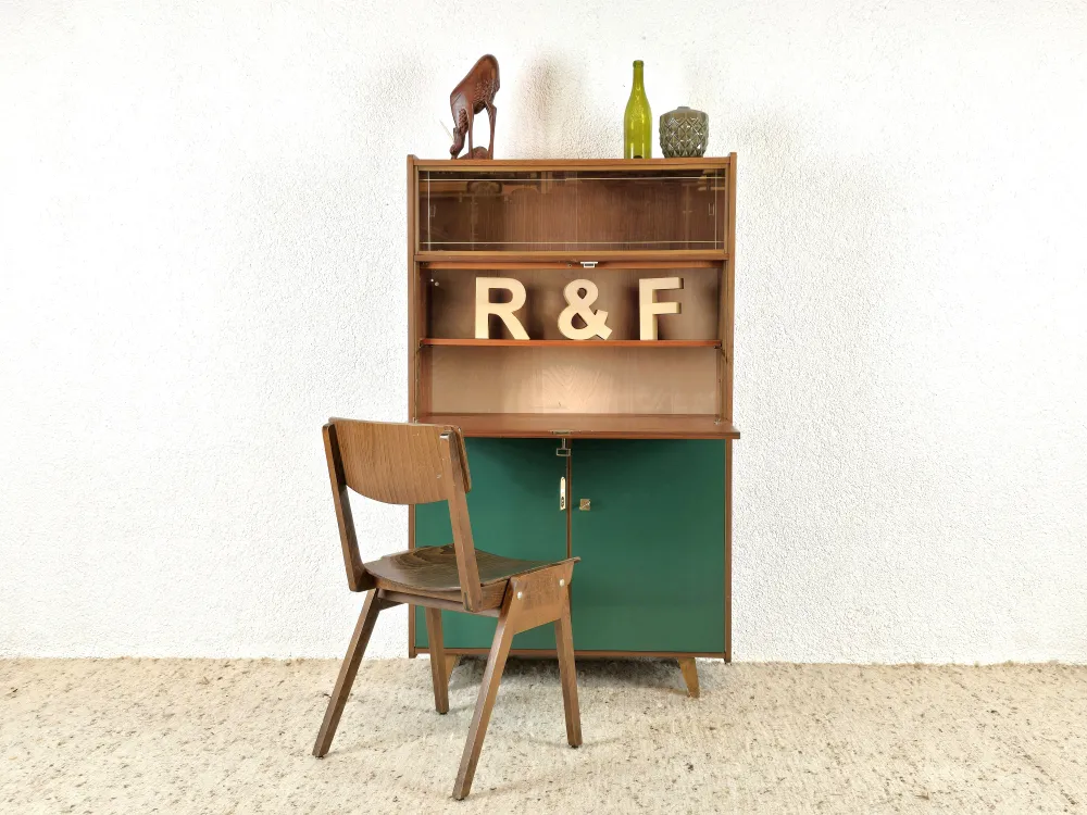 VINTAGE SCHRANK nuss holz vitrine sekretär kommode regal mid century grün