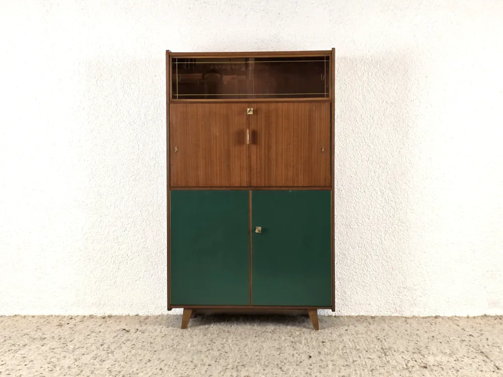 VINTAGE SCHRANK nuss holz vitrine sekretär kommode regal mid century grün